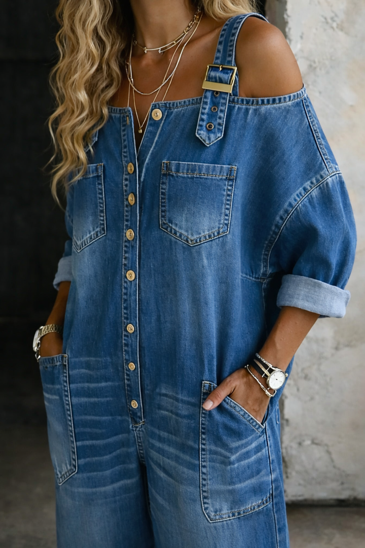 Alwine - Denim-Jumpsuit mit schulterfreien Trägern