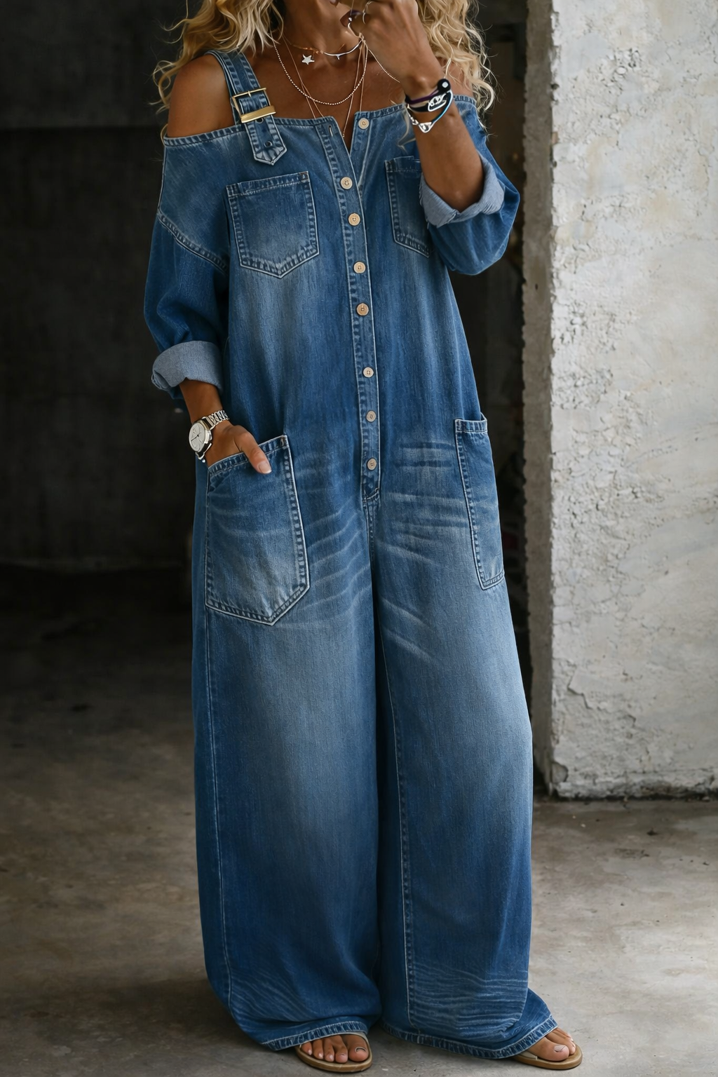 Alwine - Denim-Jumpsuit mit schulterfreien Trägern