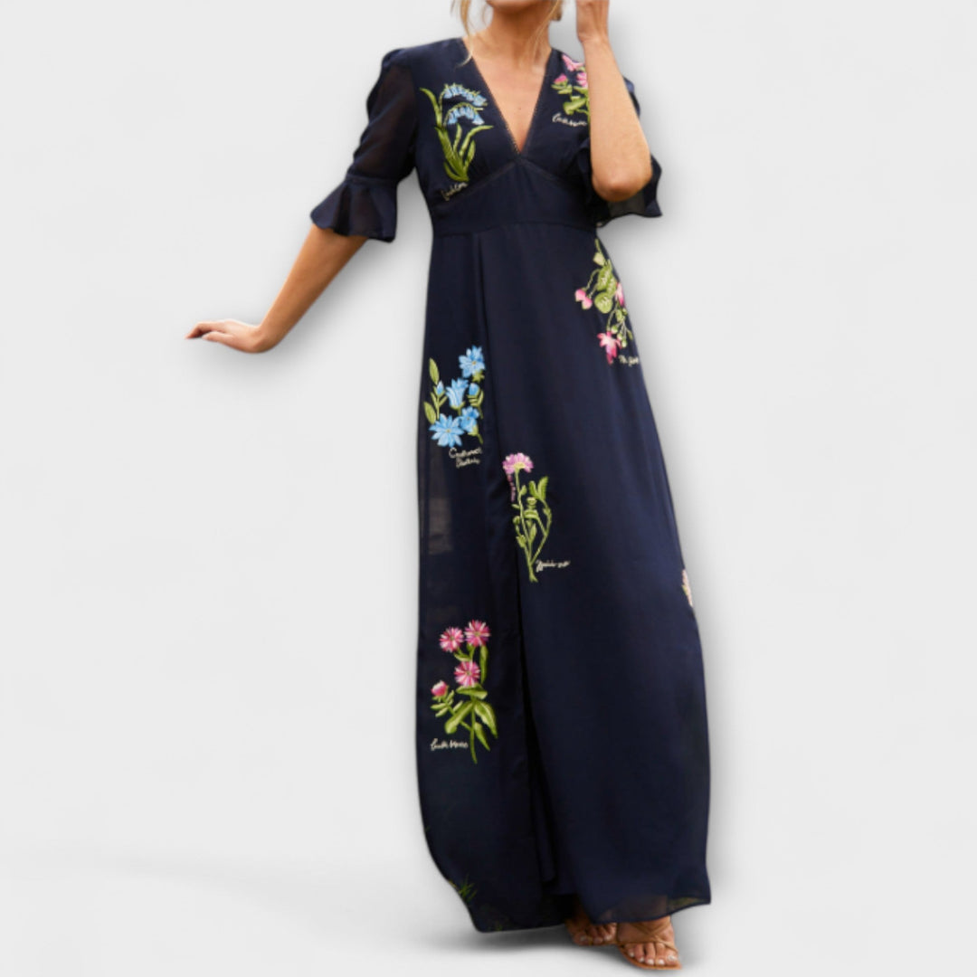 Béatrice | Elegante marineblaue Kleider mit floralen Stickereien