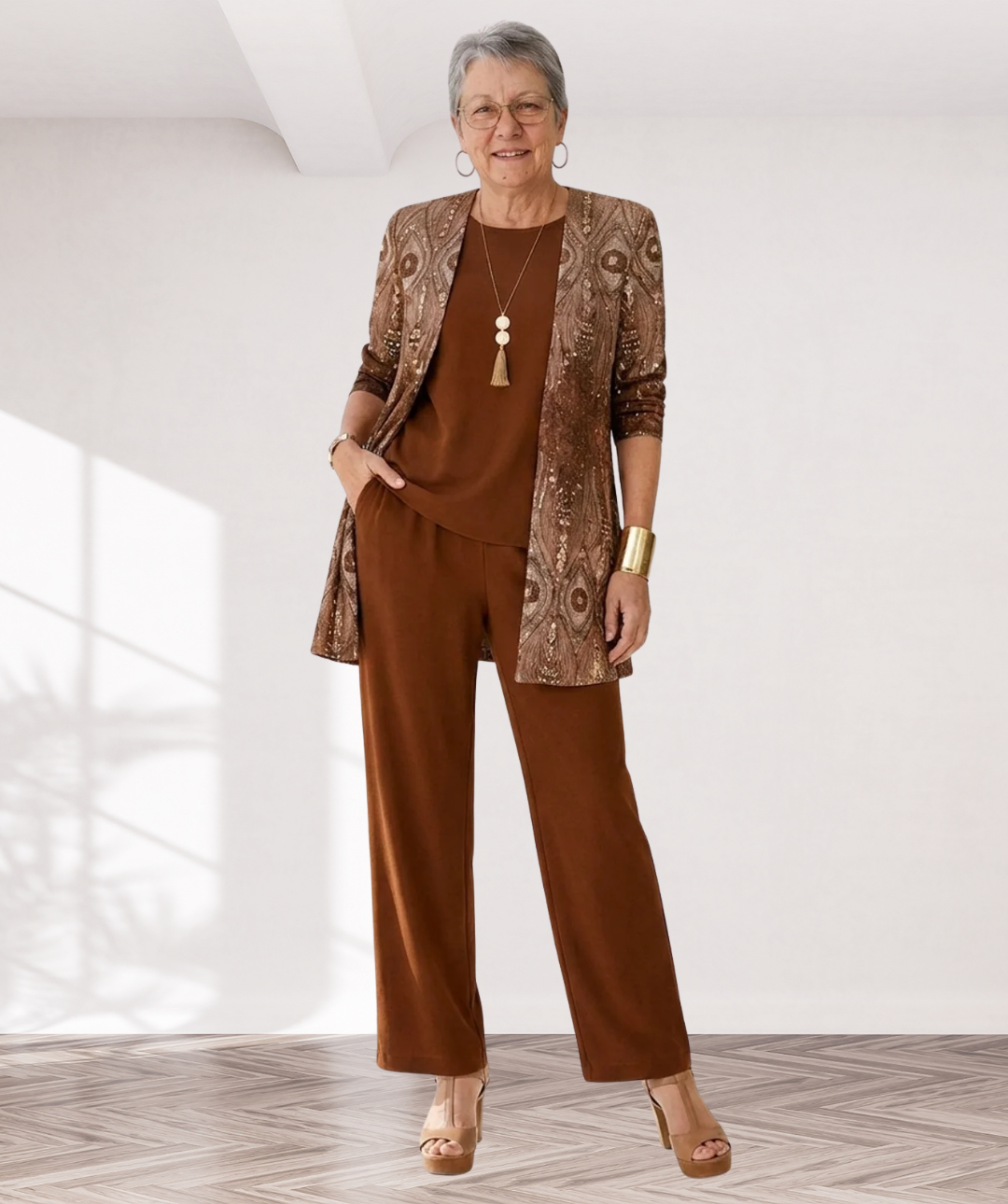 Dorit – dreiteiliges Damen-Set in Cognac: Oberteil, weite Hose und langer Cardigan
