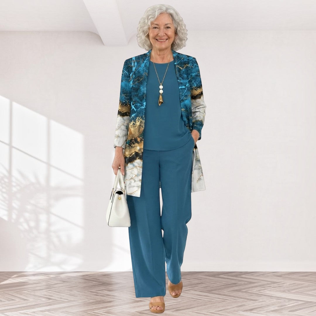 Wanda – dreiteiliges Damen-Set in Rauchblau: Oberteil, weite Hose und langer Cardigan