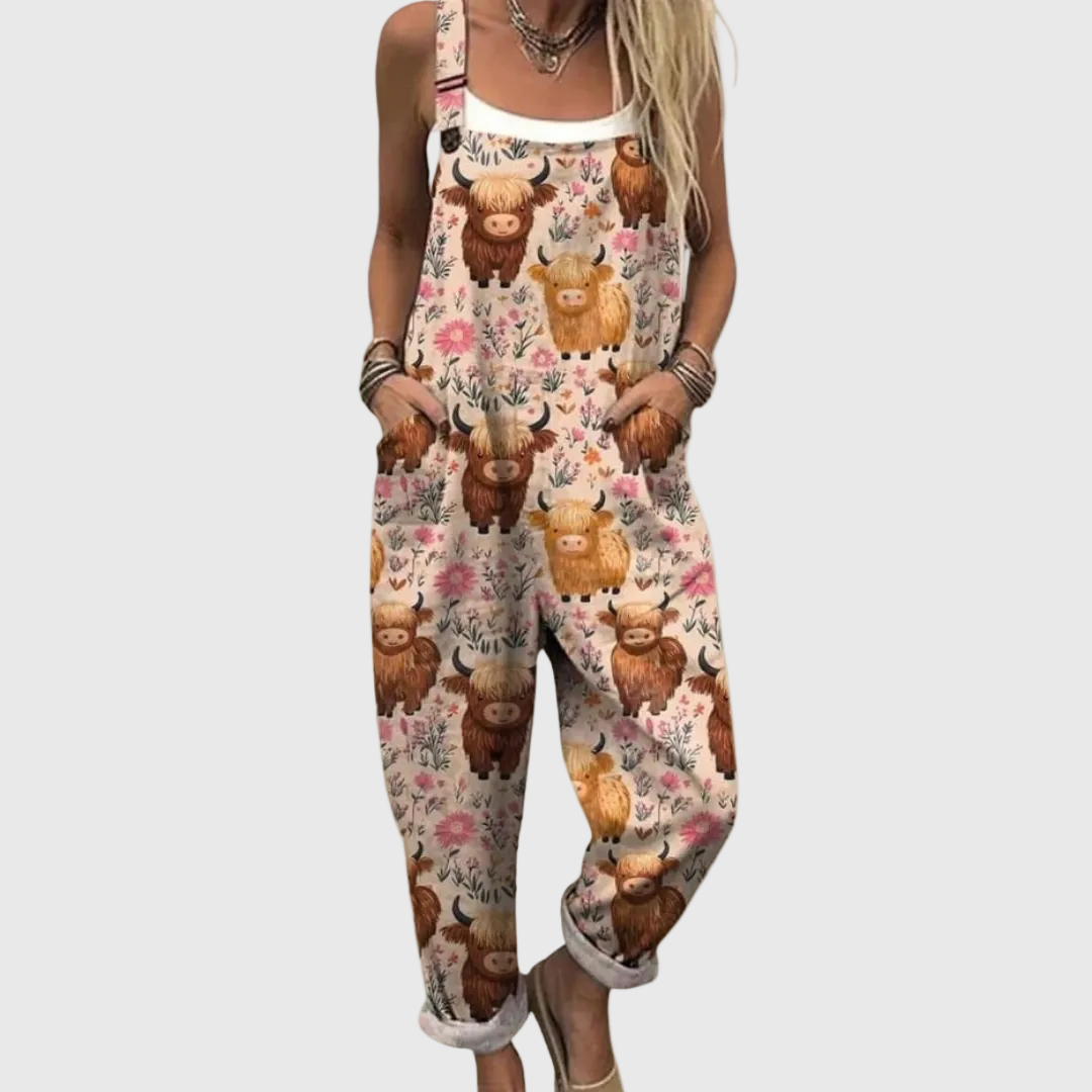 Latzhose mit Kühen und Blümchen für Damen