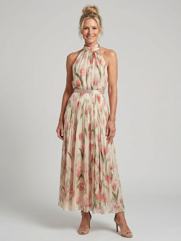 Aurelle | Blumenmuster Midi Kleid mit Halterneck