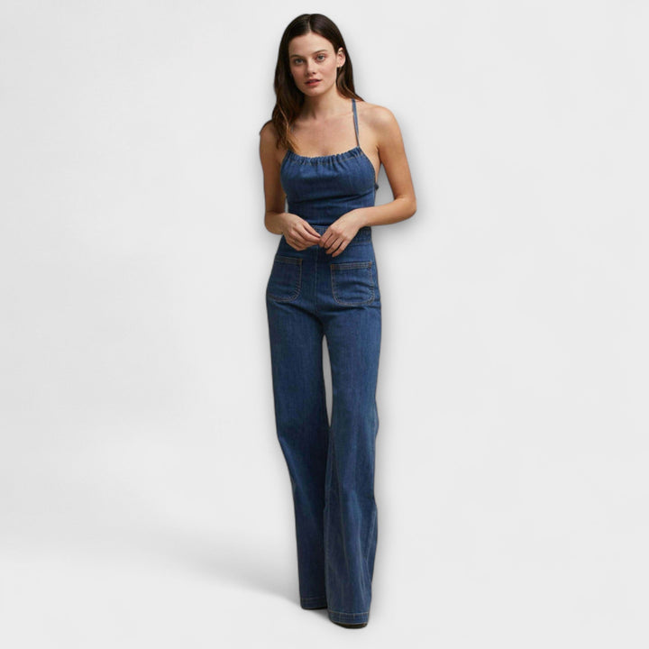 Julie | Flared Denim Jumpsuit mit Bindegürtel