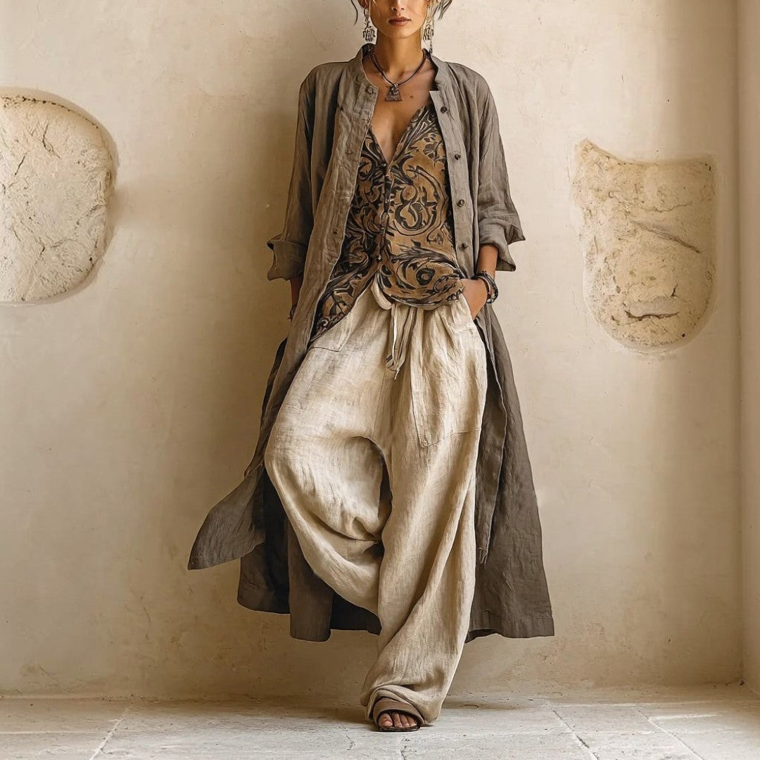 Henriette – dreiteiliges Damen-Set in warmem Sandton: Oberteil, weite Hose und langer Cardigan
