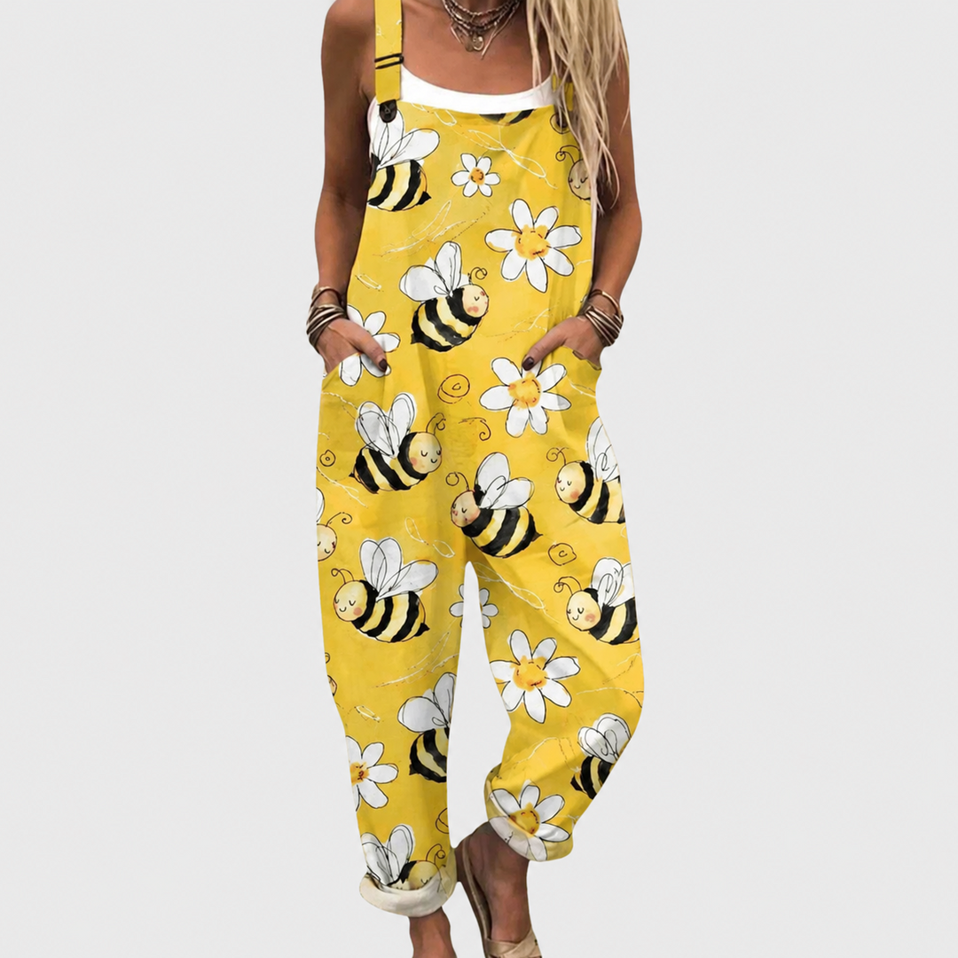 Gelbe Latzhose mit Bienen und Margeriten für Damen