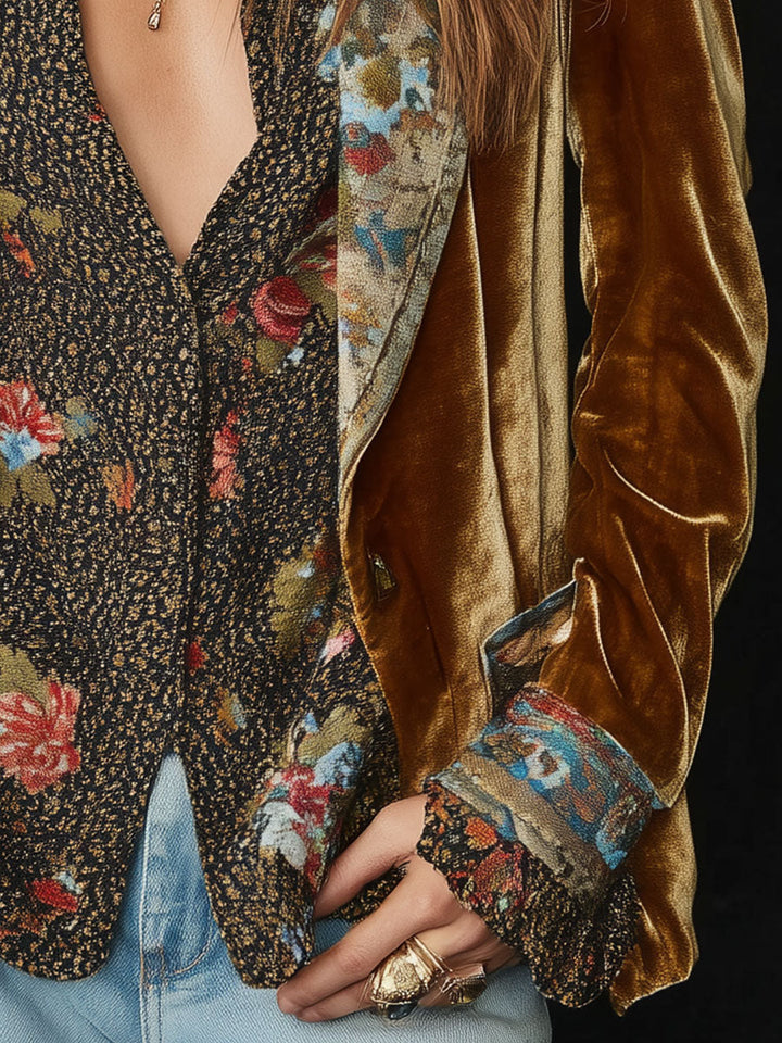 Damen Vintage Floral Print Patchwork Blazer