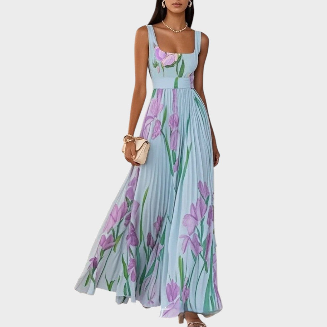Luxe | Langes plissiertes Kleid mit quadratischem Ausschnitt und Chiffonblumen