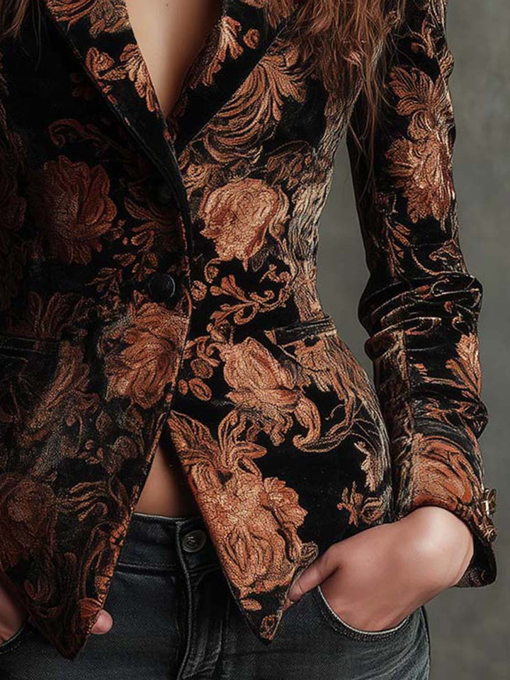 Damen Blazer in Schwarz und Bronze mit Blumenmuster