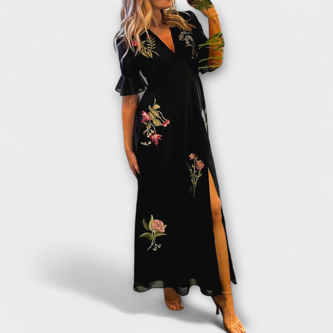 Béatrice | Elegante marineblaue Kleider mit floraler Stickerei