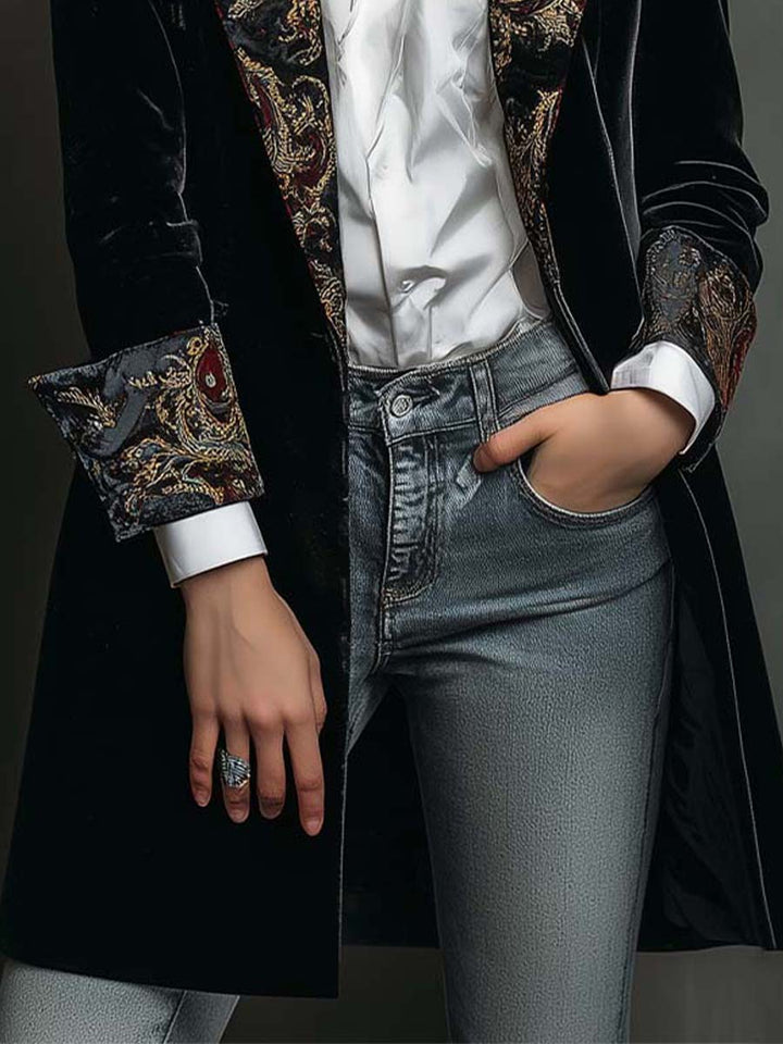Damen Schwarzer Barockdruck Revers Slim Fit Blazer
