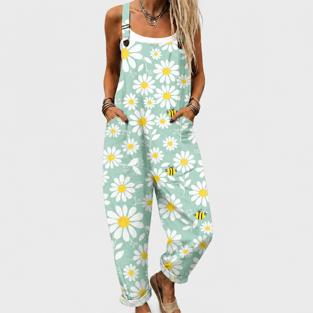 Mintgrüne Latzhose Margeriten und Bienen für Damen