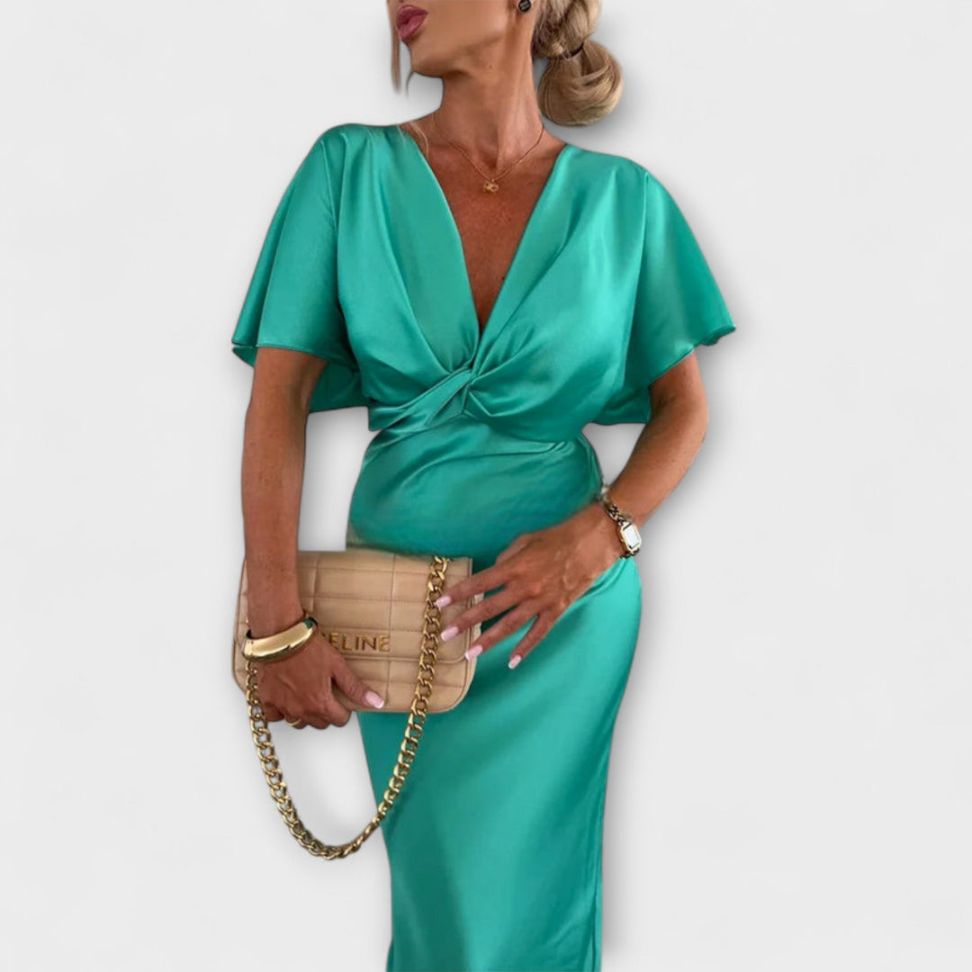 Sable | Maxikleid mit V-Ausschnitt und solidem Satin-Crossover-Knoten