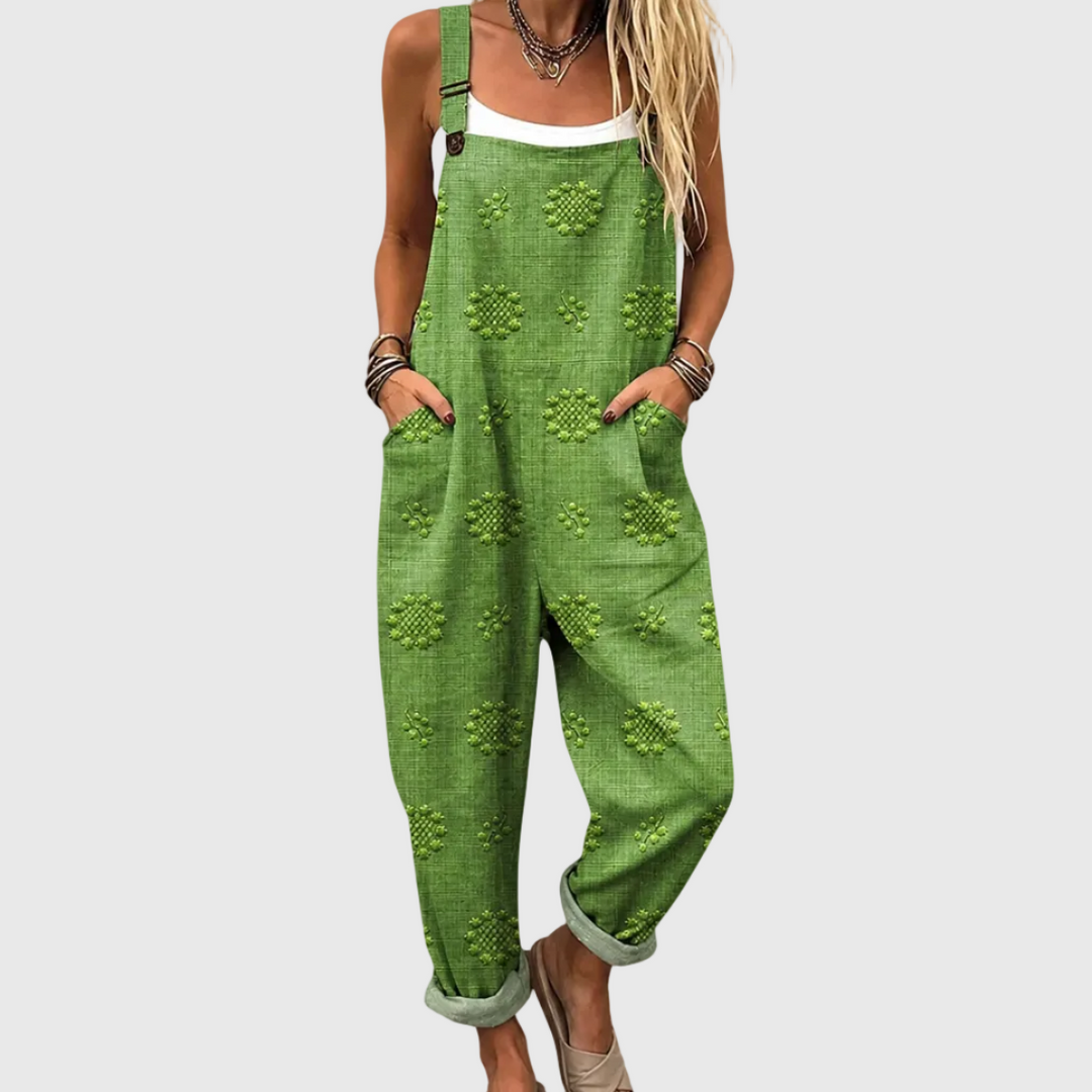 Grasgrüne Latzhose mit Blütenmedaillons für Damen