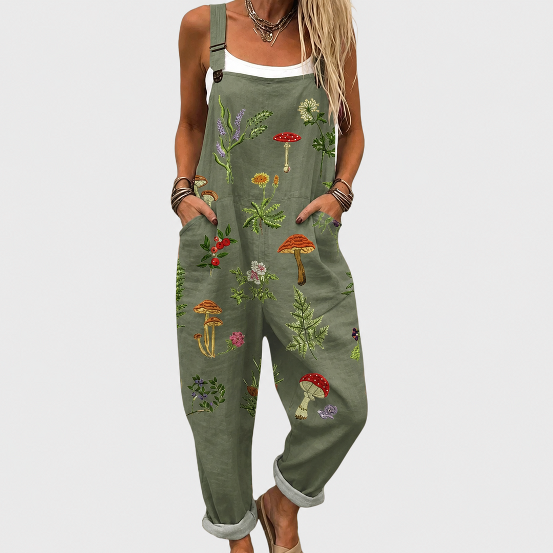 Olivgrüne Latzhose mit Pilzen und Beeren für Damen