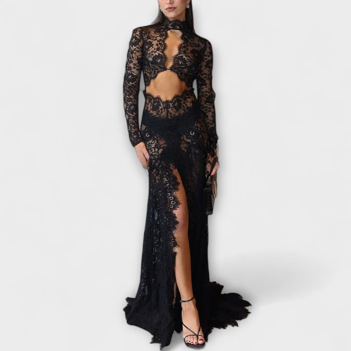 Azalee | Midnight Elegance Langes Maxikleid mit transparenten Spitzenärmeln