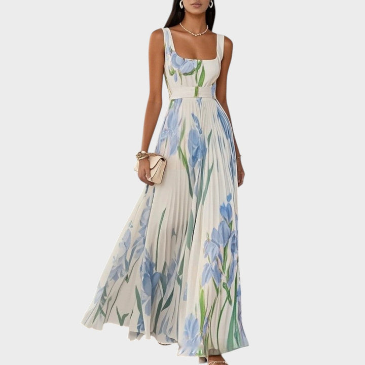 Luxe | Langes plissiertes Kleid mit quadratischem Ausschnitt und Chiffonblumen