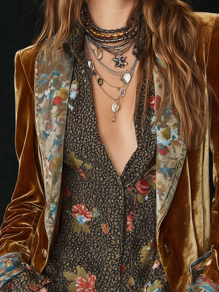 Damen Vintage Floral Print Patchwork Blazer
