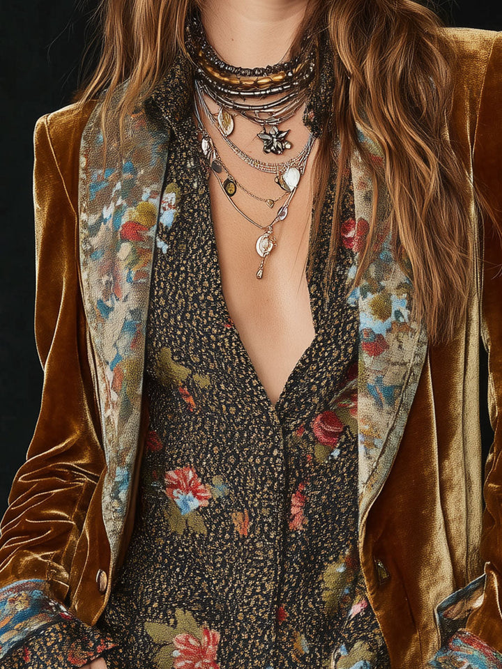 Damen Vintage Floral Print Patchwork Blazer