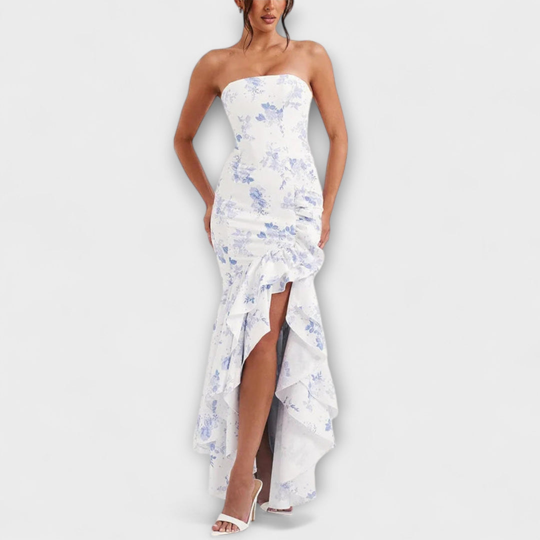 Zuri | Maxikleid mit schulterfreiem Design und asymmetrischem Saum