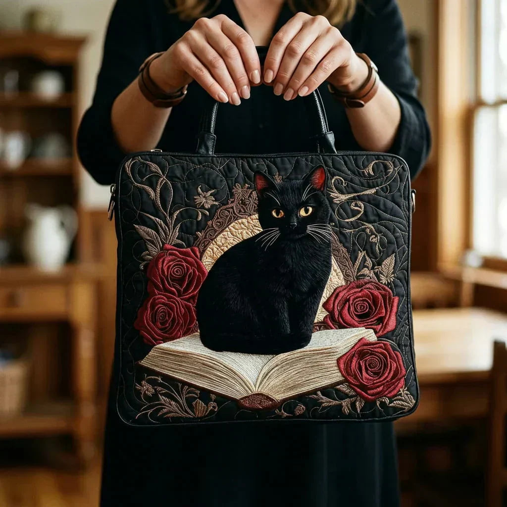 Handgefertigte Tasche | Schwarze Katze auf Büchern