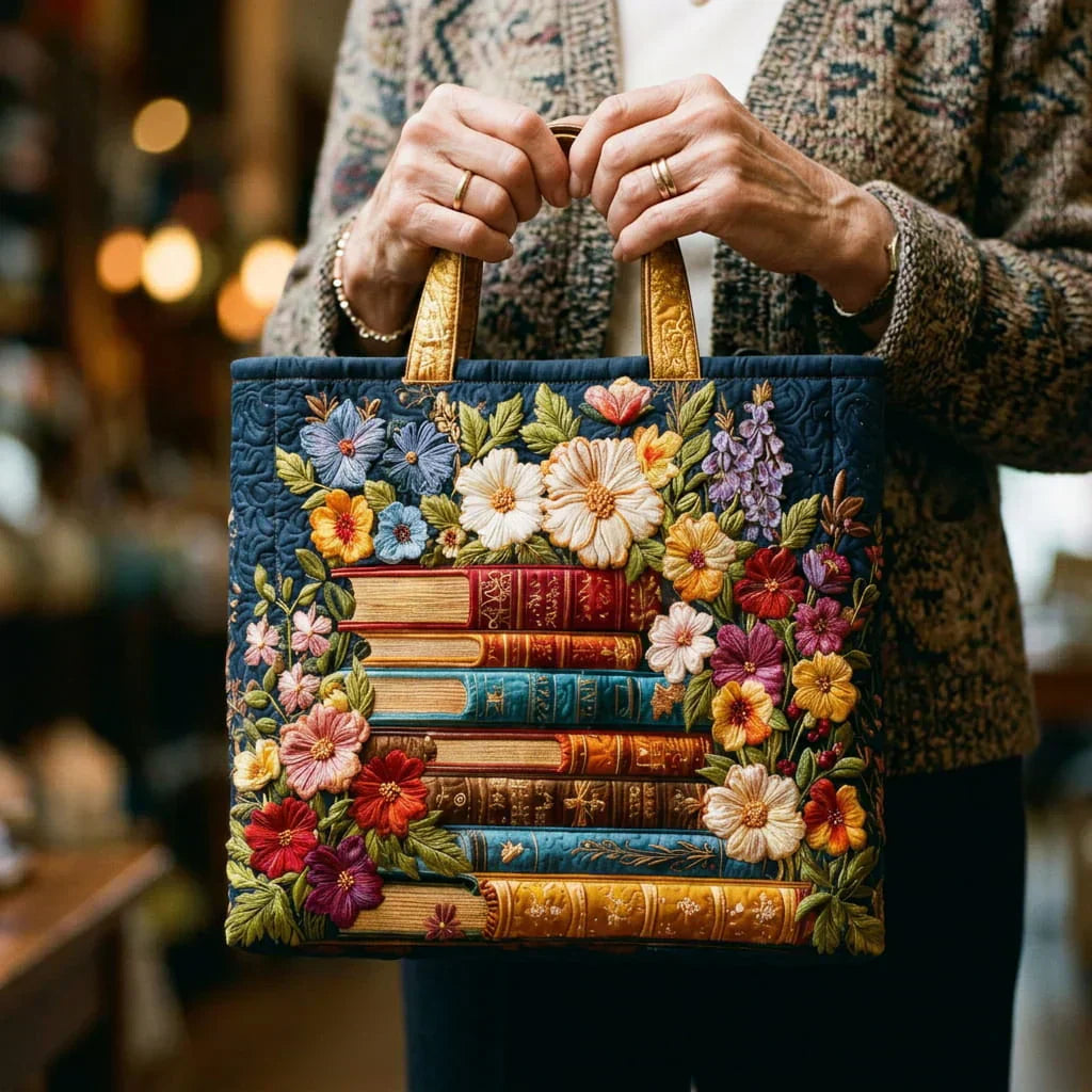 Handgefertigte Tasche | Blumenmuster und Bücher
