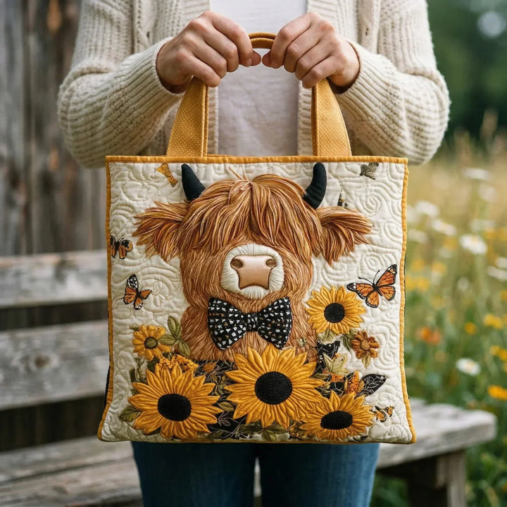 Handgefertigte Tasche | Hochlandrind mit Sonnenblumen