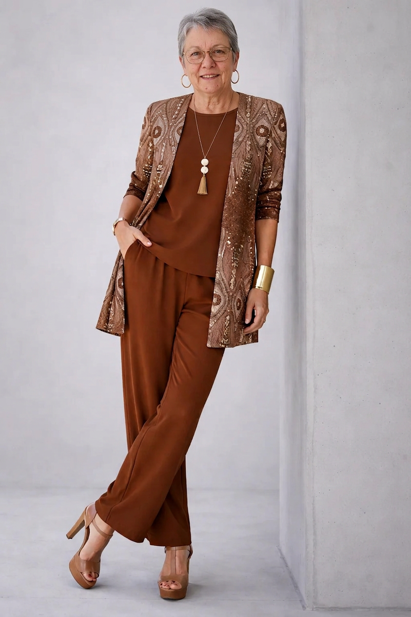 Dorit – Set in Cognac, langer Cardigan offen über dem Oberteil