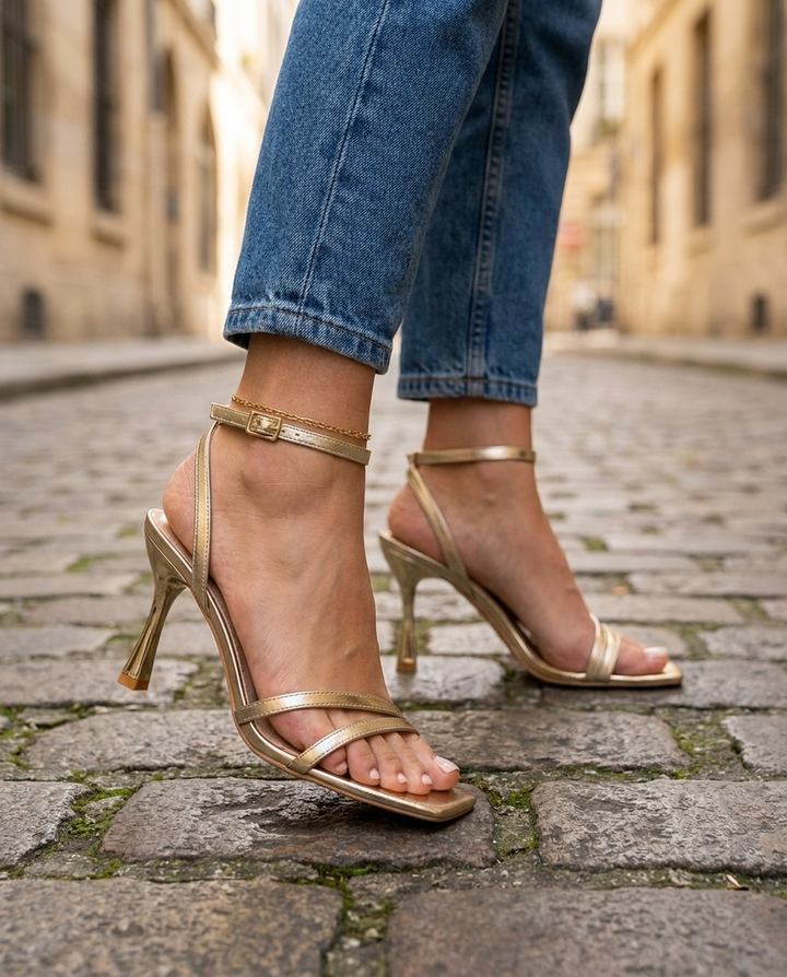 Celeste | Gold Metallic Riemchen Sandalen