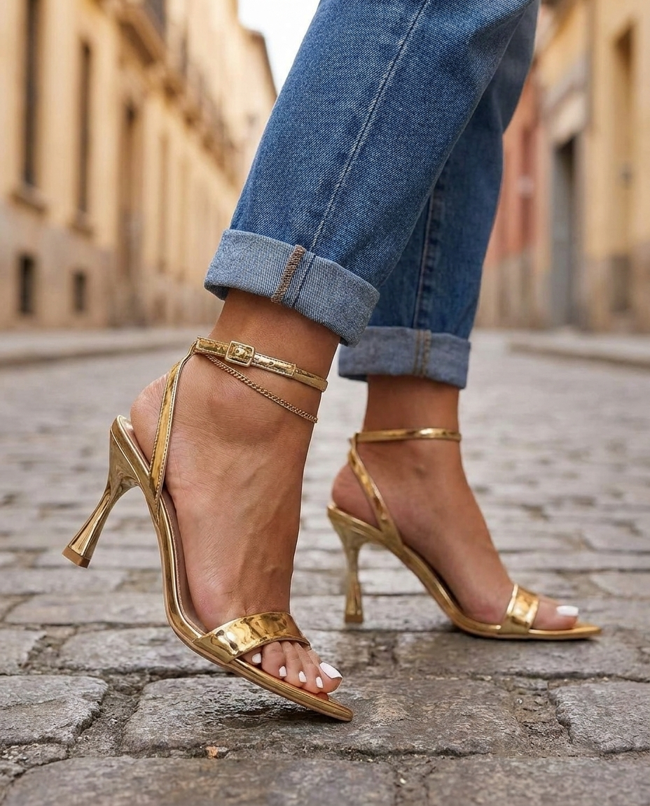 Valentina | Gold Metallische Sandalen mit Einem Riemen