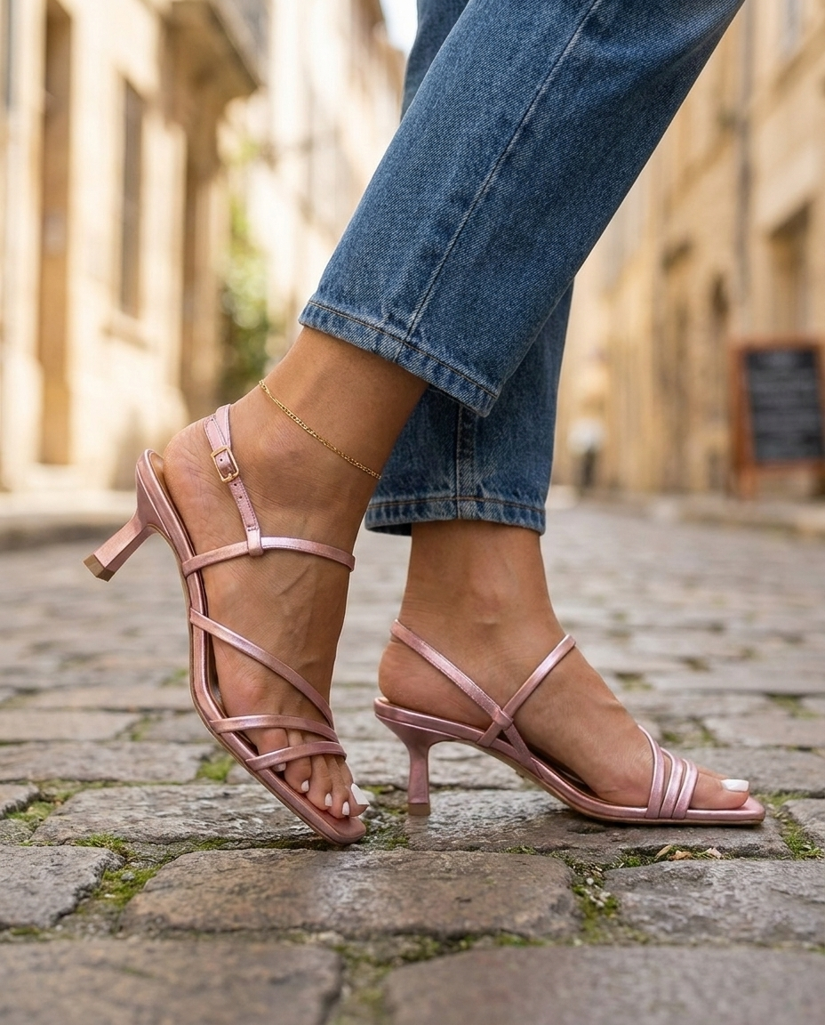 Rosé | Pink Metallische Riemchen Kitten Heels