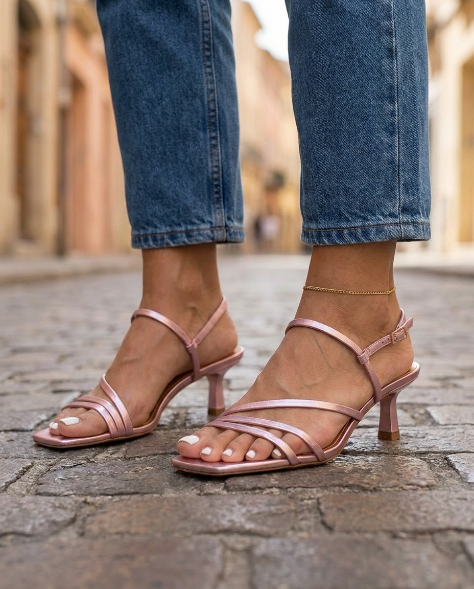 Rosé | Pink Metallische Riemchen Kitten Heels