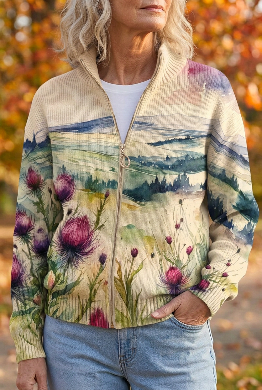 Zelda™ | Schottische Distel Landschaft Zip Cardigan