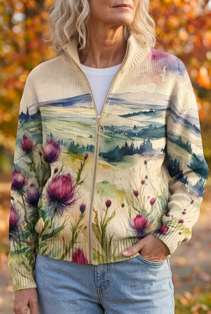 Zelda™ | Schottische Distel Landschaft Zip Cardigan