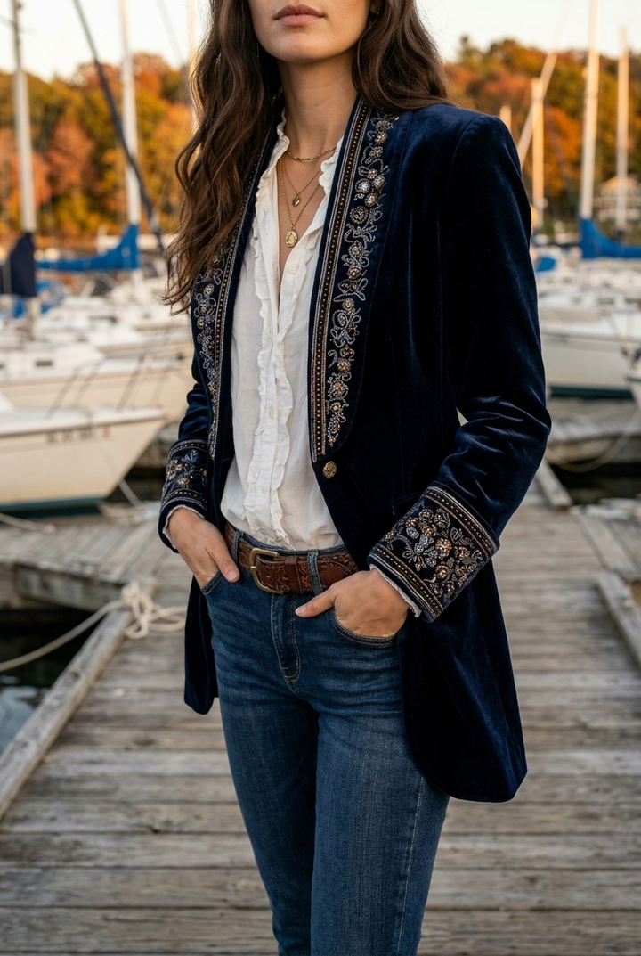 Damen Vintage Marine Bestickte Longline Jacke