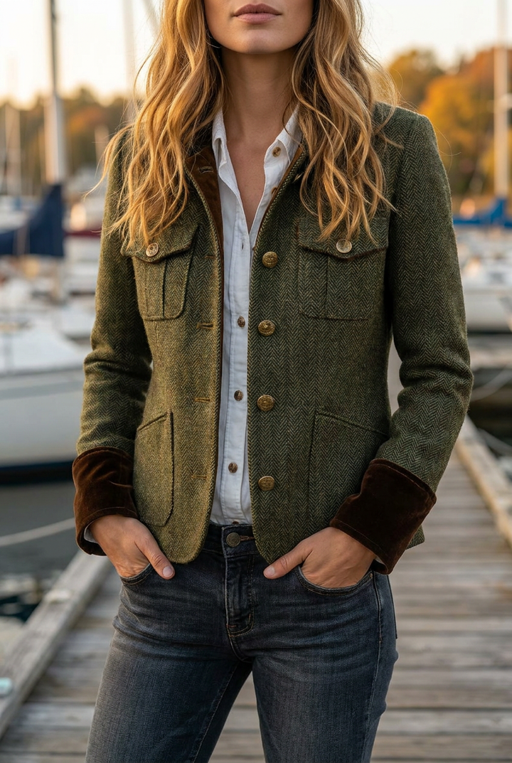 Damen Vintage Fischgrätmuster Blazer mit Kontrastbesatz