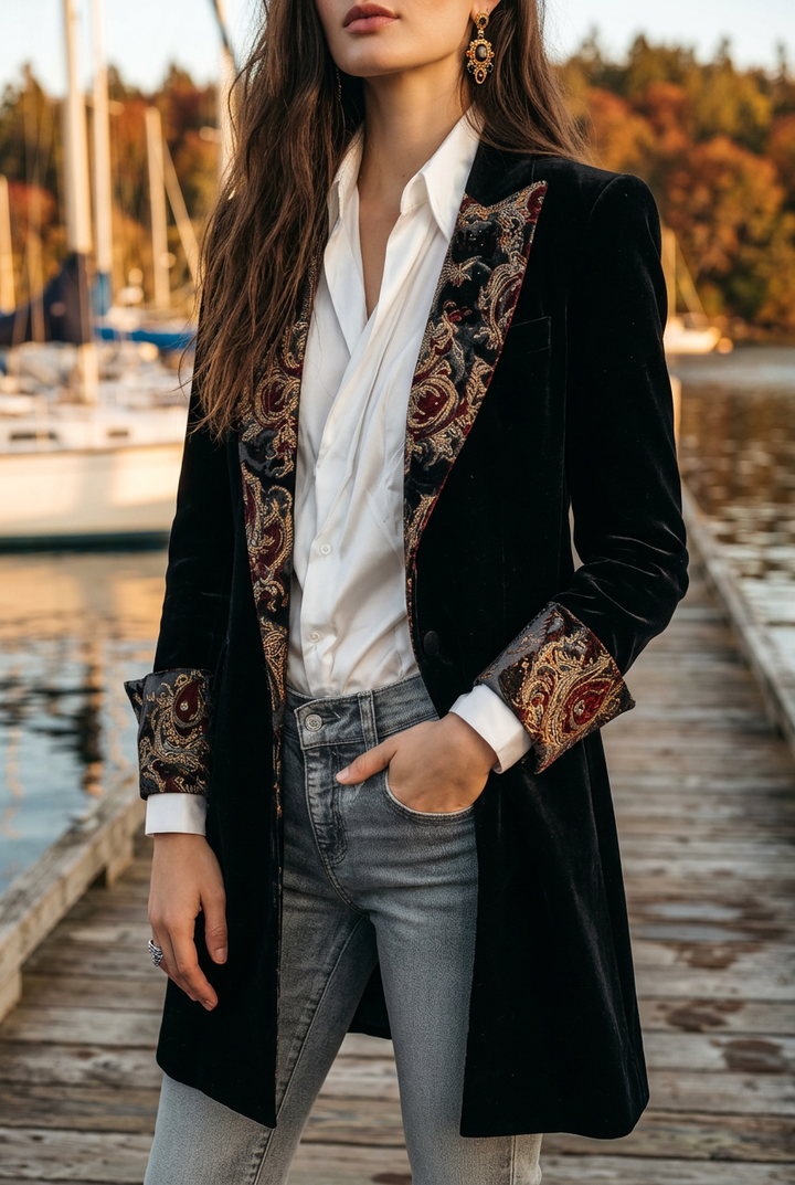Damen Schwarzer Barockdruck Revers Slim Fit Blazer
