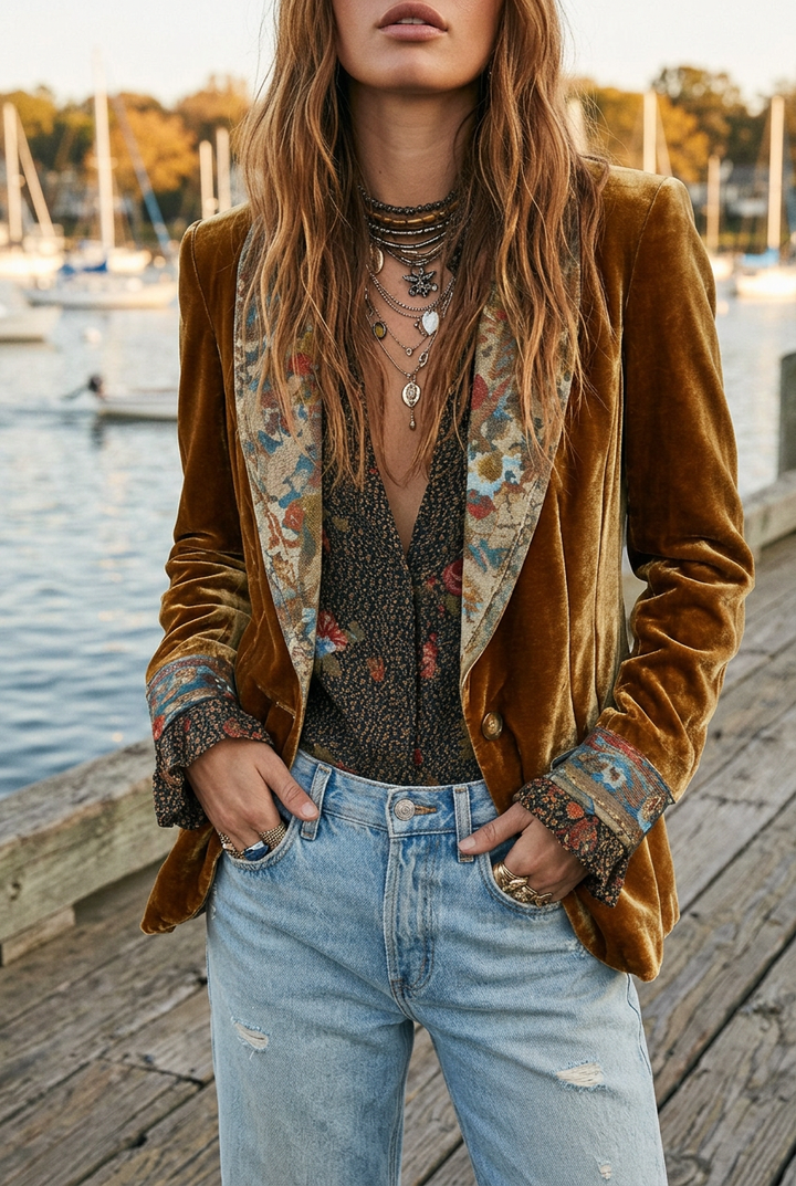 Damen Vintage Floral Print Patchwork Blazer