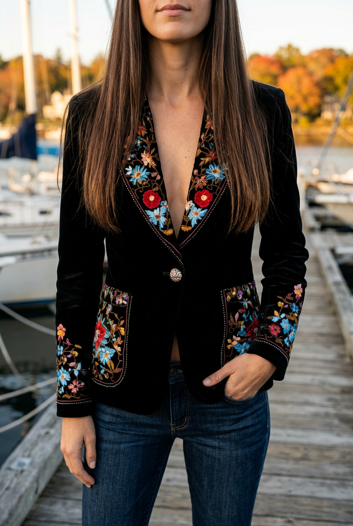 Damen Bunter Floral Bestickter Blazer
