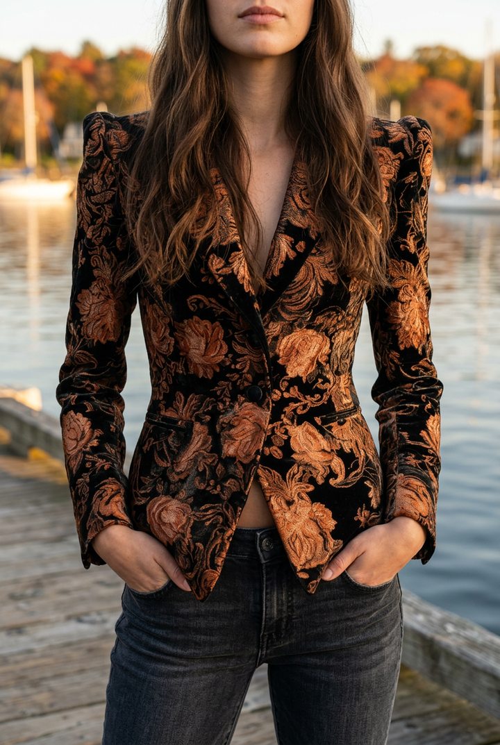 Damen Blazer in Schwarz und Bronze mit Blumenmuster