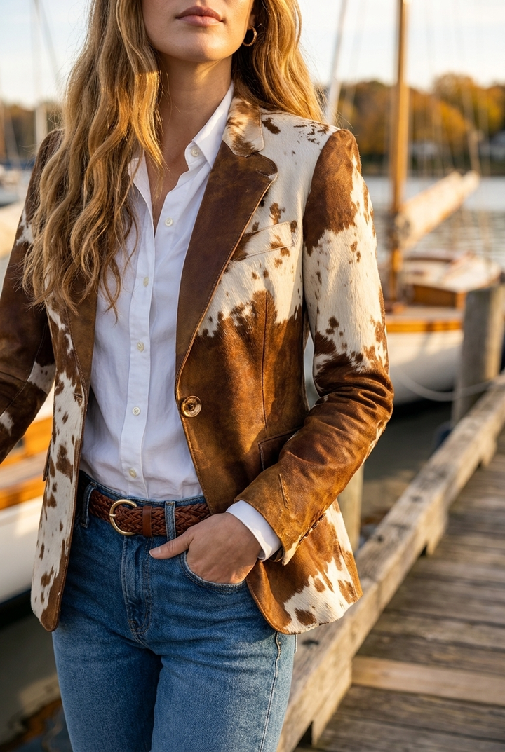 Damen Vintage Kuhdruck Umweltfreundlicher Blazer
