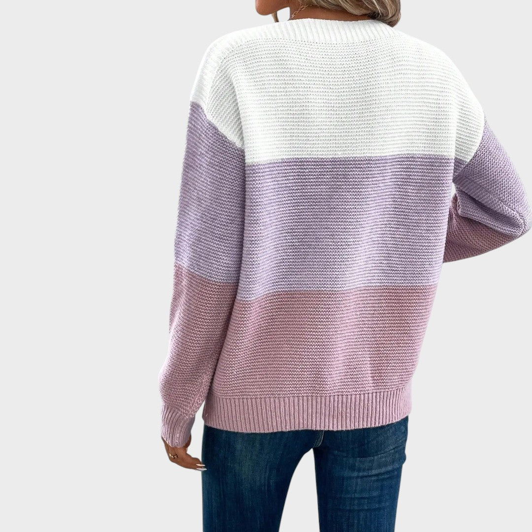 Lars Hamburg camisola de malha com padrão de blocos de cores em tons pastel de branco, lilás e rosa, ajuste relaxado.