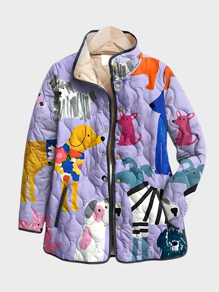 Casaco acolchoado Lars Hamburg Raven em lilás com padrão colorido de cães, estilo casual e confortável.