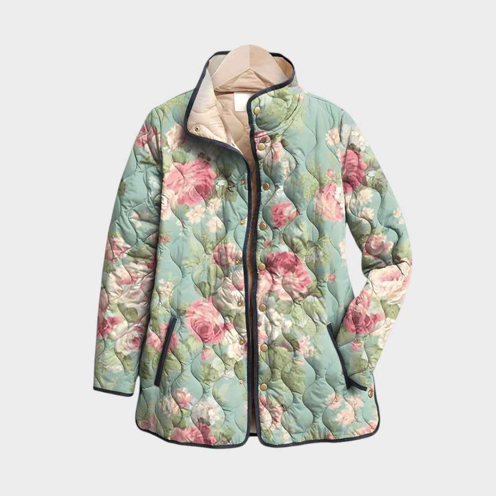 Casaco acolchoado Lars Hamburg Lisa com padrão floral vintage em tons de verde e rosa, estilo retro e ajuste casual.
