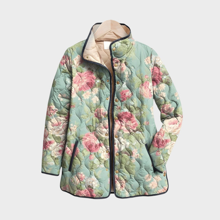 Casaco acolchoado Lars Hamburg Lisa com padrão floral vintage em tons de verde e rosa, estilo retro e ajuste casual.