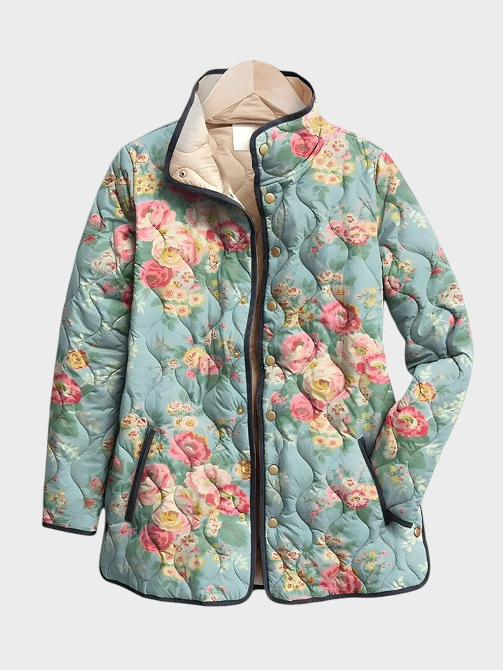 Casaco acolchoado Lars Hamburg com padrão floral colorido, fecho de botões e gola alta, estilo casual e elegante.