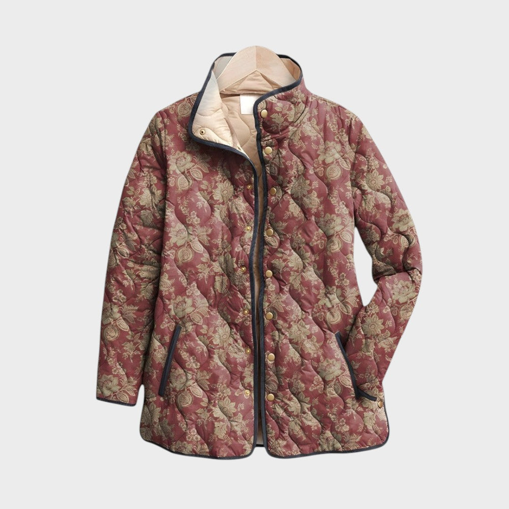 Casaco acolchoado Lars Hamburg com padrão floral retro em tons de bordeaux e bege, estilo vintage e corte casual.