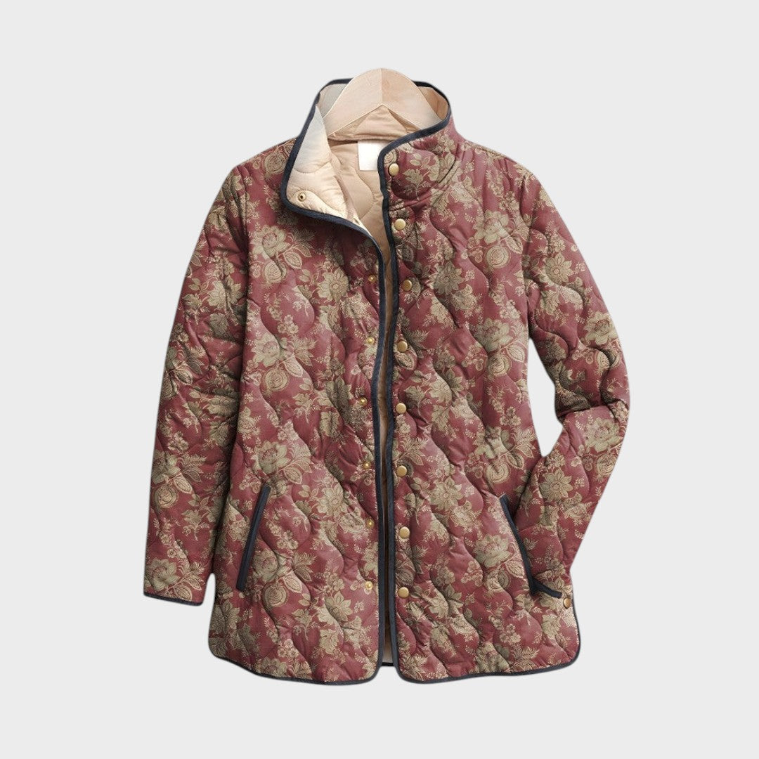 Casaco acolchoado Lars Hamburg com padrão floral retro em tons de bordeaux e bege, estilo vintage e corte casual.