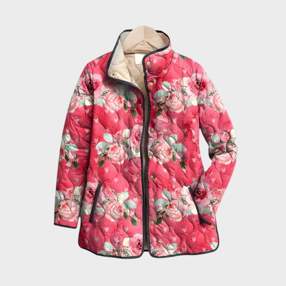 Casaco acolchoado Lars Hamburg Astrid com padrão floral cor-de-rosa e fecho frontal, estilo feminino e elegante.
