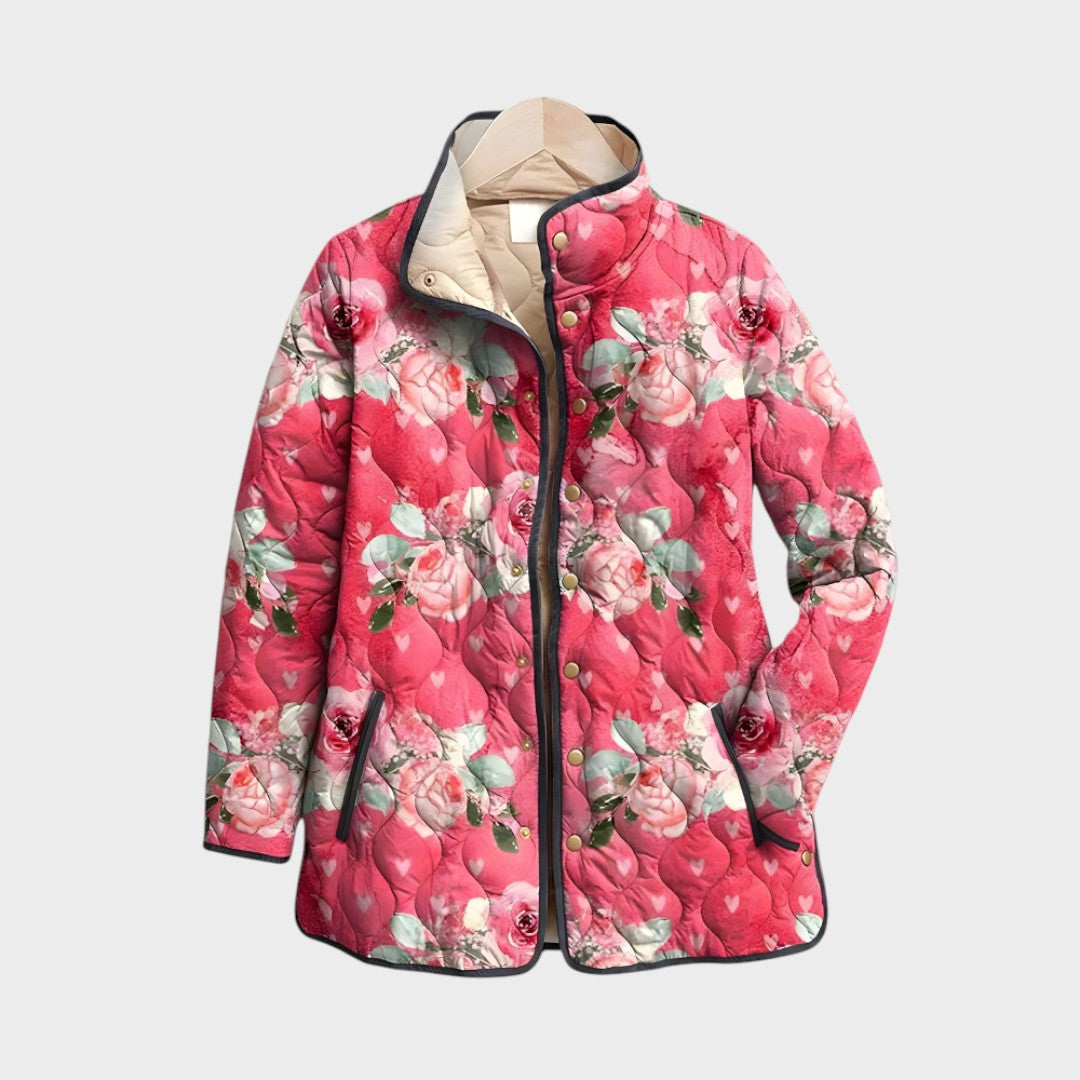 Casaco acolchoado Lars Hamburg Astrid com padrão floral cor-de-rosa e fecho frontal, estilo feminino e elegante.